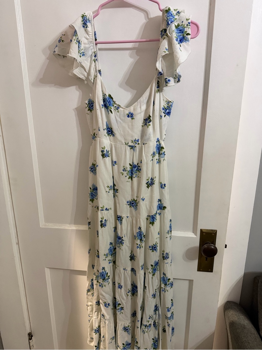 Altar'd State White Maxi Dress with Blue Floral Print
